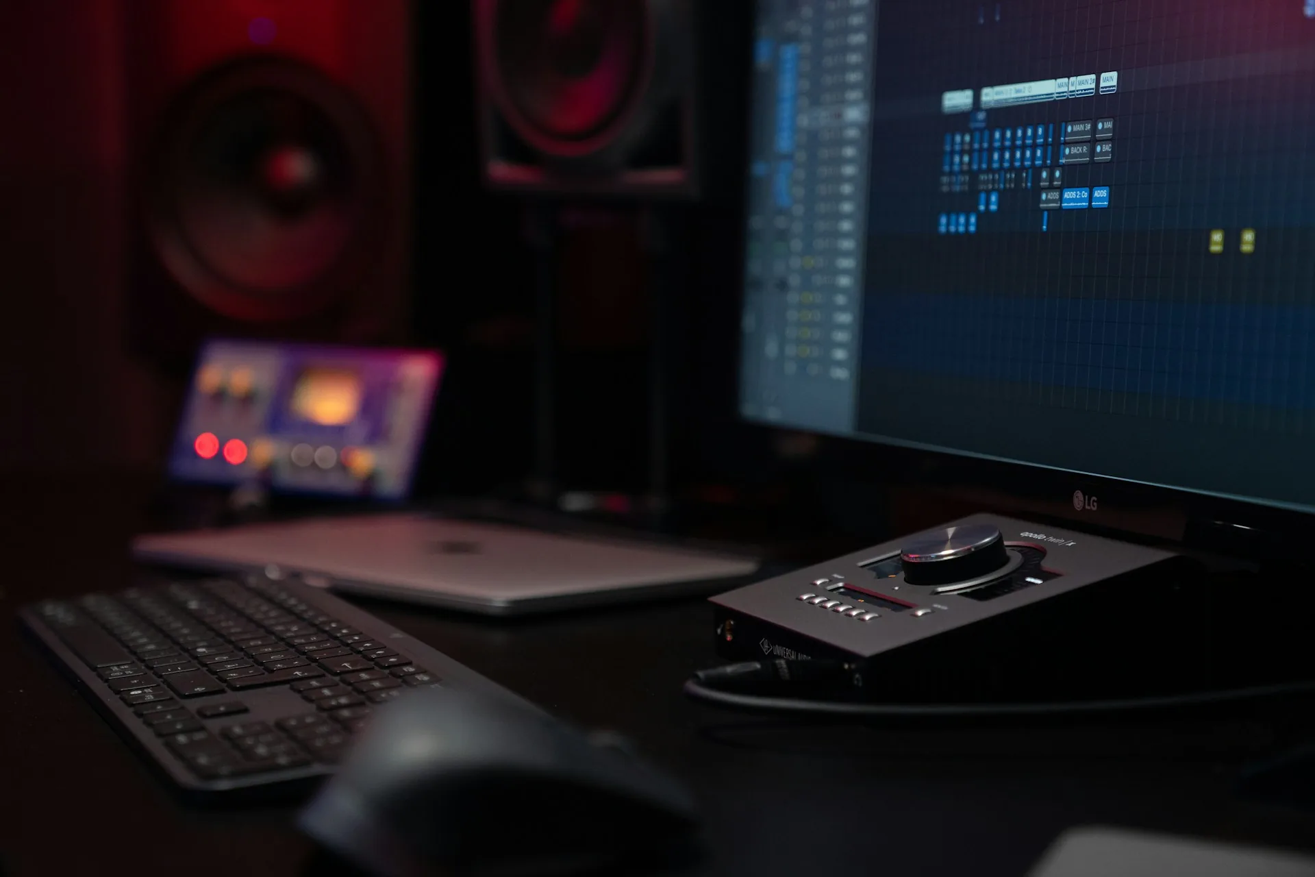 Auriculares y teclado sobre mesa de escritorio en sesión de edición de audio